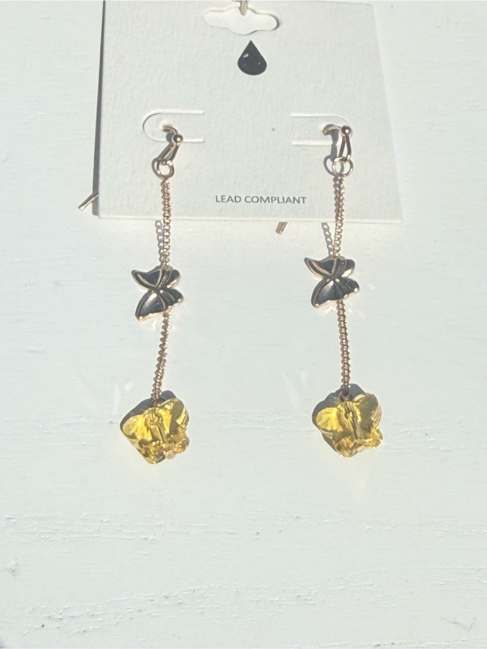 NWT Gold Butterfly Drop Earrings with Yellow Crystal Butterfly Lightweight